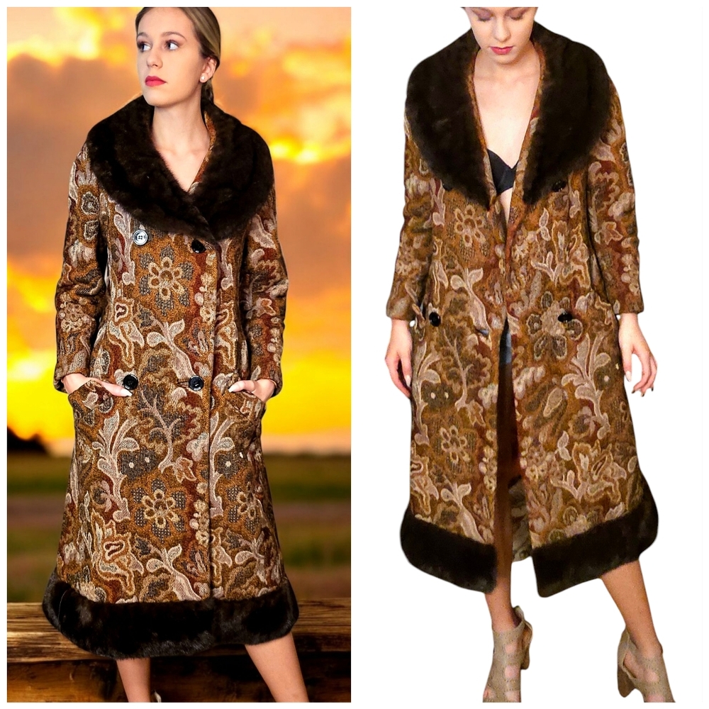Vintage 1960s Mod Era TAPESTRY & MINK FUR Coat